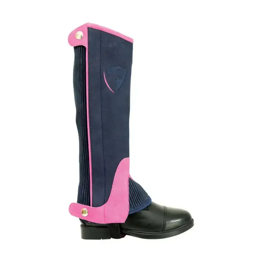Pink and navy synthetic equestrian belton children’s half chaps with ribbed fabric and shield logo for kids
