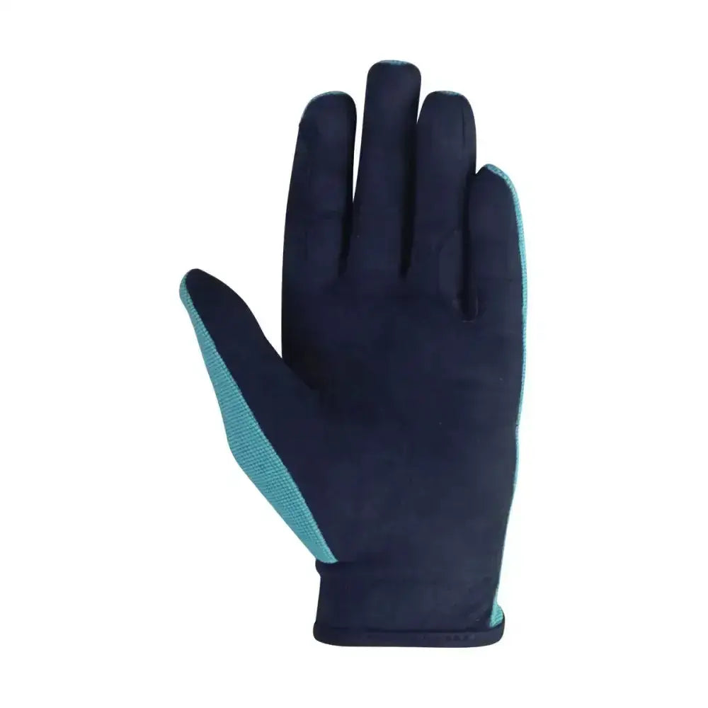 Dark navy equestrian belton children’s riding gloves with teal mesh accents on fingers and wrist backside view