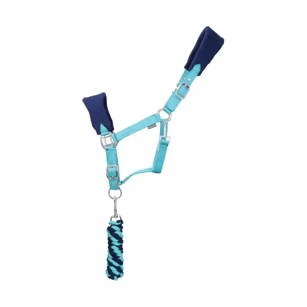 Teal and navy blue equestrian belton fleece head collar and lead rope set with padded headpiece and braided rope