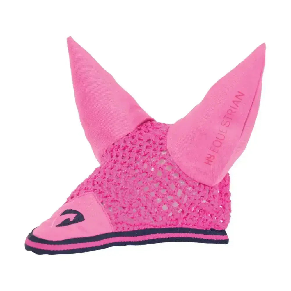 Bright pink hy equestrian belton fly veil with mesh netting body solid ears and navy trim for fly protection