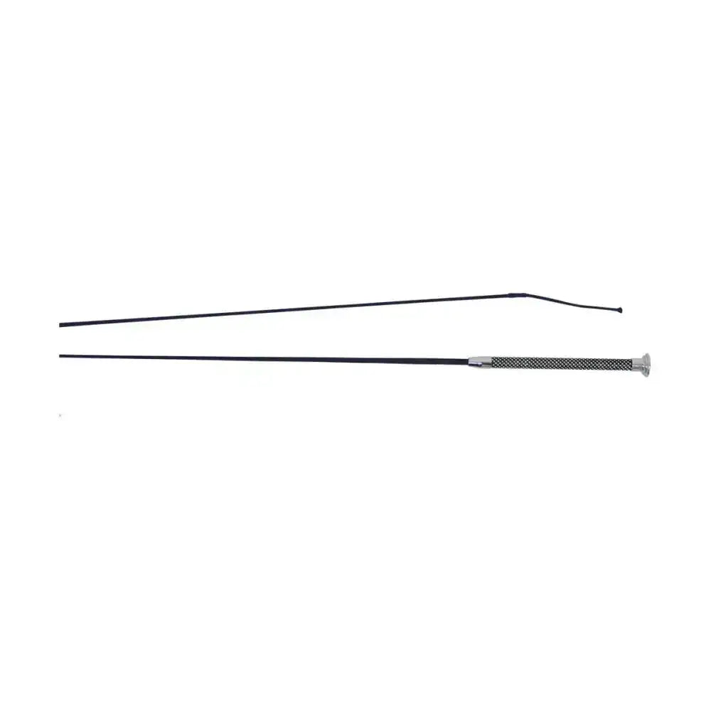 Black equestrian bling schooling whip with textured grip and silver metal ferrule for riding use