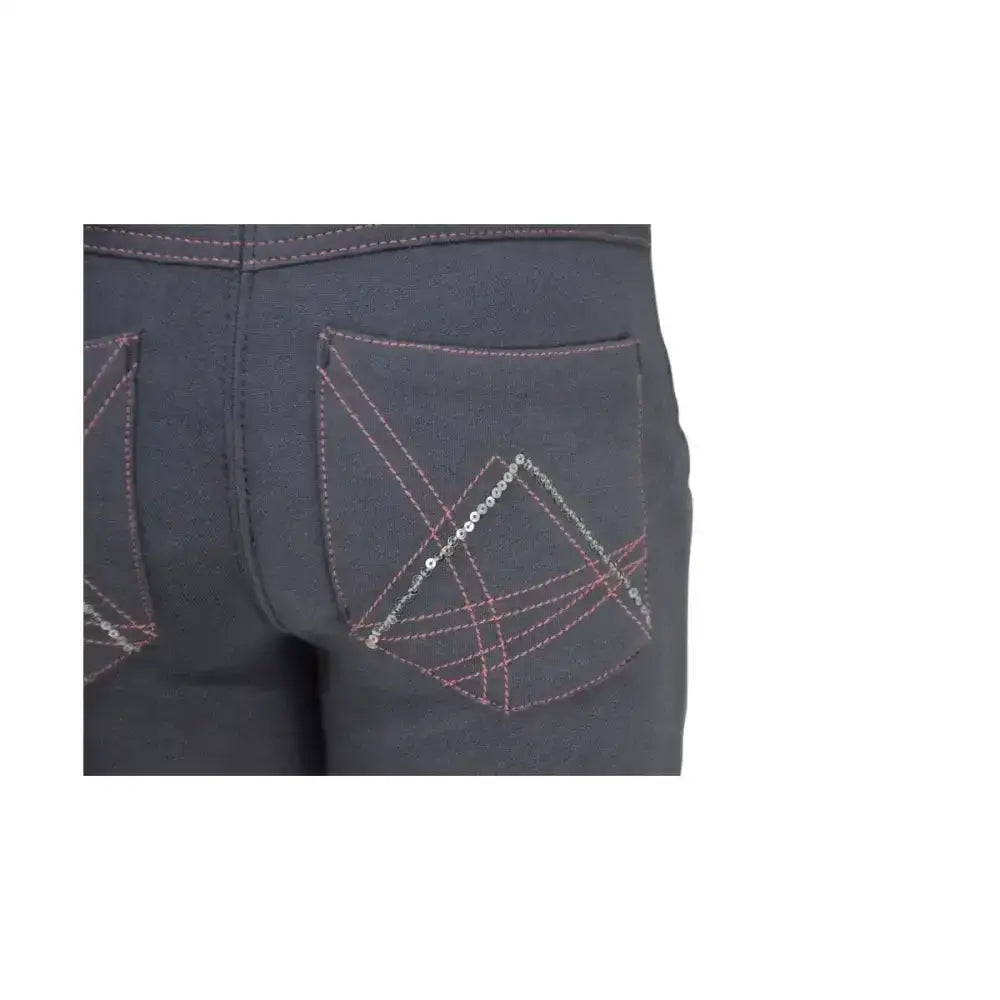 Back view of dark gray denim hy equestrian bordeaux children’s jodhpurs with silver and pink geometric pocket pattern