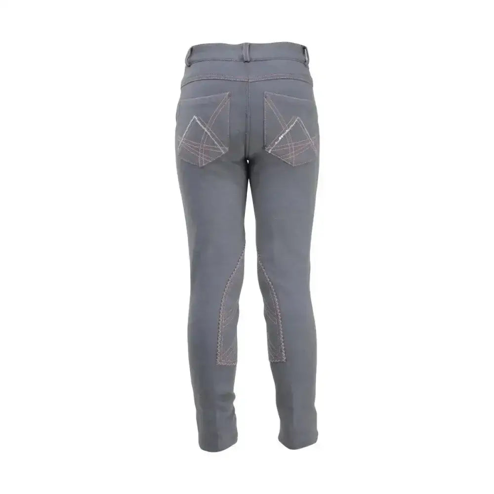 Back view of gray hy equestrian bordeaux children’s jodhpurs with geometric stitched translucent panel accents and knee patches