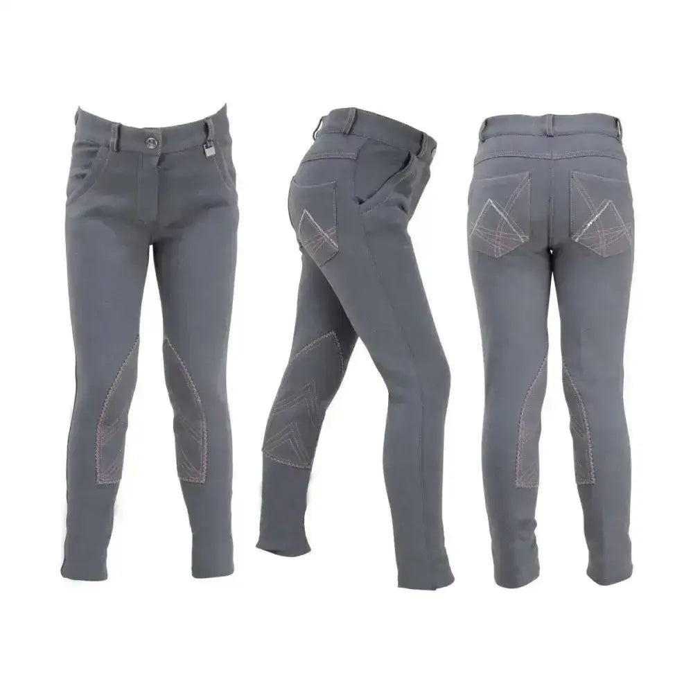 Gray equestrian bordeaux children’s jodhpurs with reinforced knee patches and geometric stitching for comfy rides
