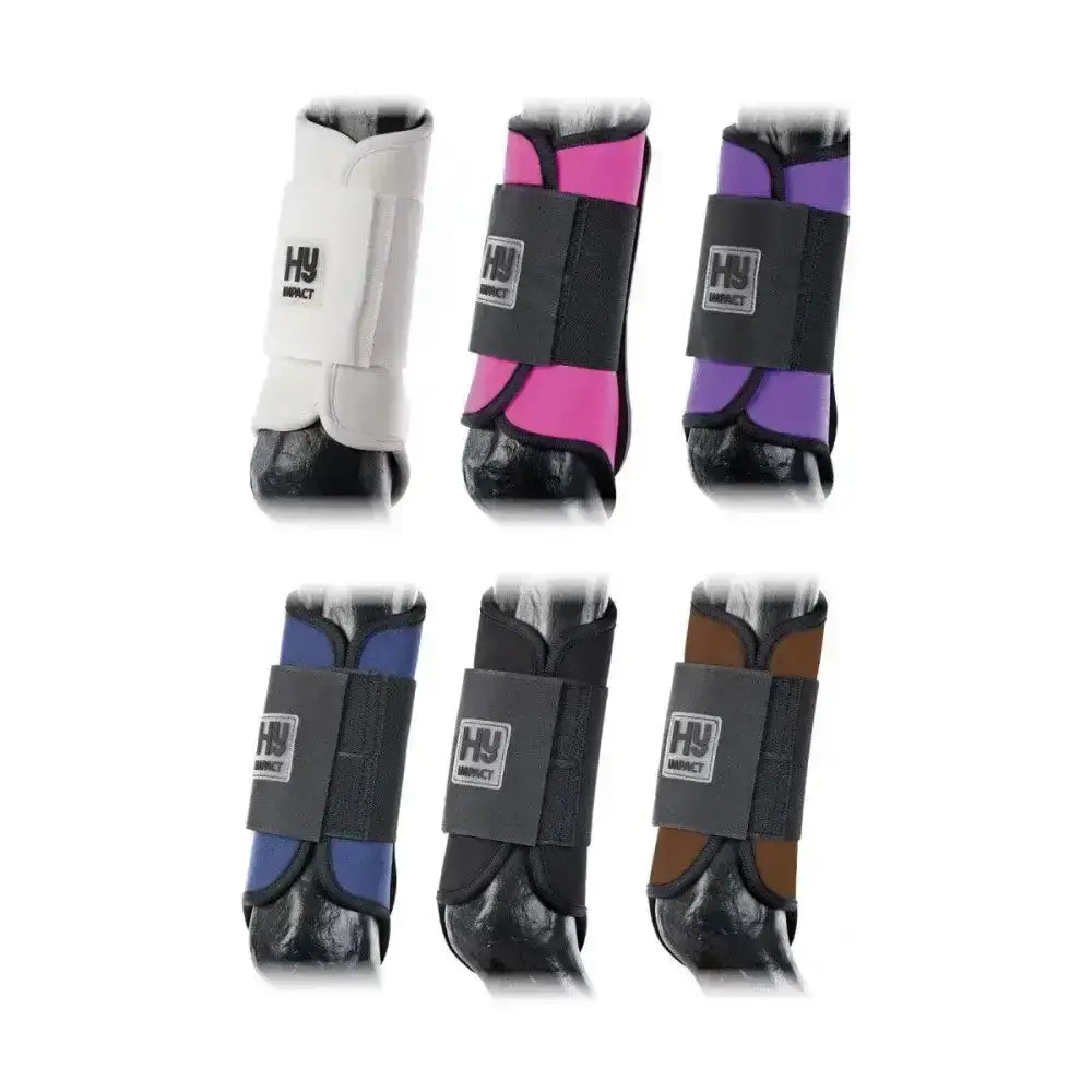Hy equestrian brushing boots in white pink purple blue black and brown with adjustable straps for horse ankles