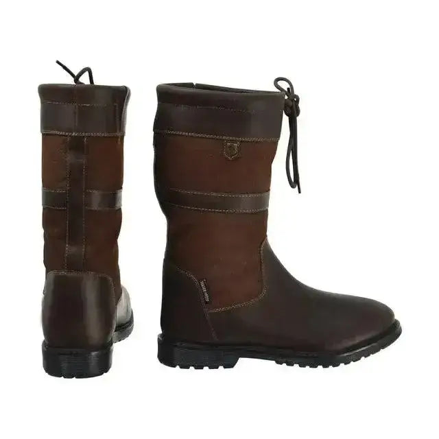 Brown leather and suede hy equestrian buxton short country boots with black laces and rugged sole for riding use