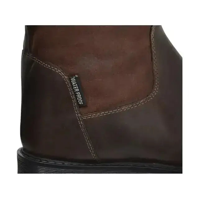 Dark brown leather buxton short country boots with black rubber sole and contrasting stitching for equestrian use