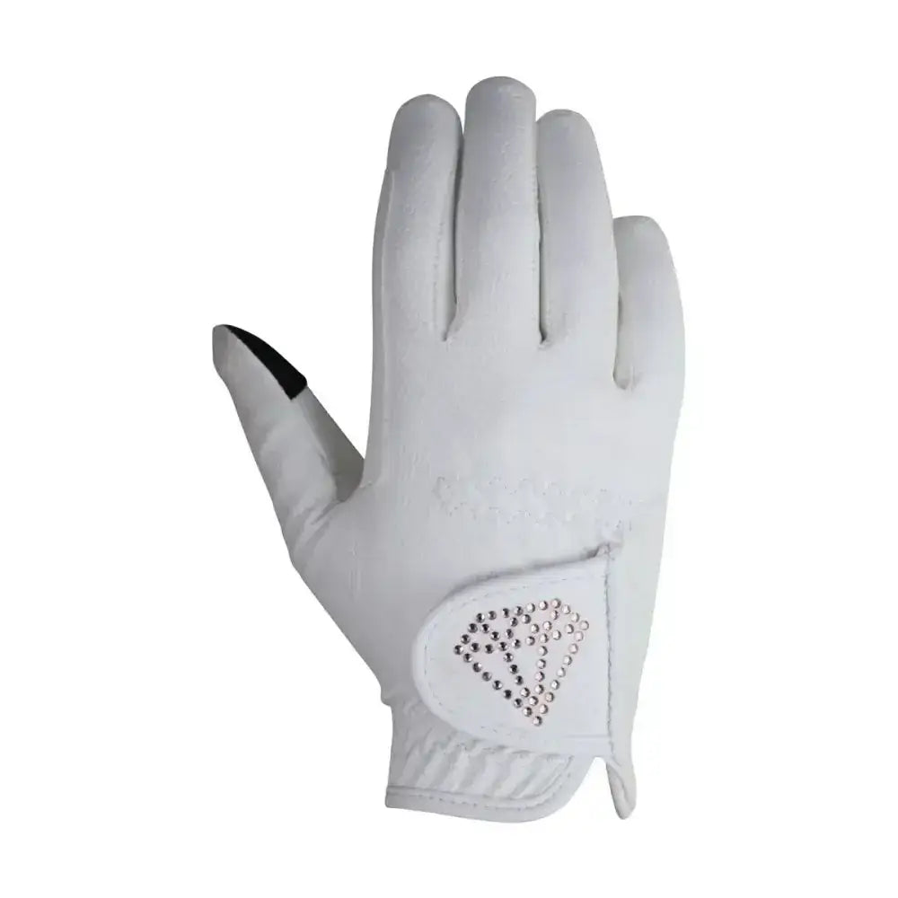 White hy equestrian cadiz children’s riding gloves showing back with rhinestone wrist and black fingertips