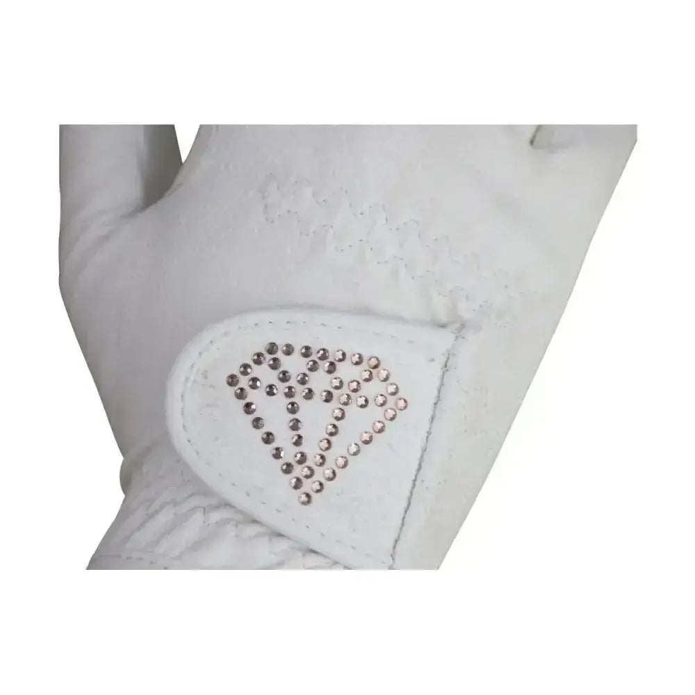 White leather hy equestrian cadiz children’s riding glove with diamond-shaped rhinestone on the palm