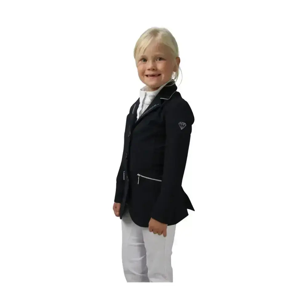 Black children’s equestrian cadiz mizs show jacket with white trim and glittering diamantes diamond logo on sleeve