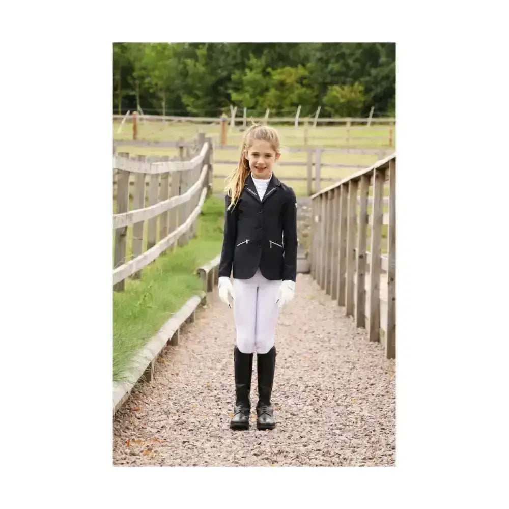 Black equestrian cadiz mizs show jacket with white trim silver zippers and glittering diamantes for stunning looks