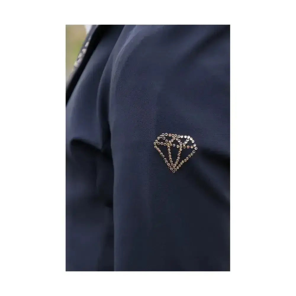 A sparkling diamond shaped brooch with clear rhinestones on gold frame for equestrian cadiz mizs stunning jacket