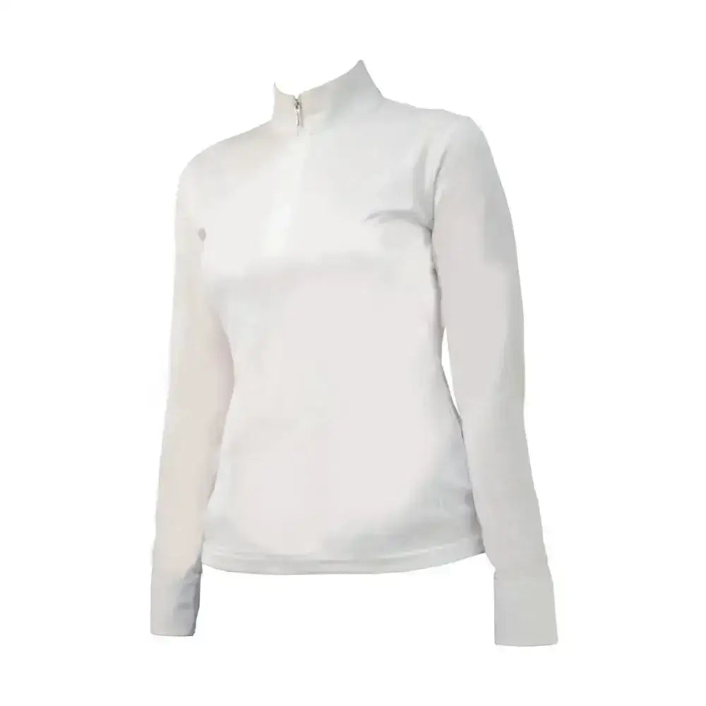 White long sleeved hy equestrian charlotte long smart competition shirt with subtle chest logo for riding