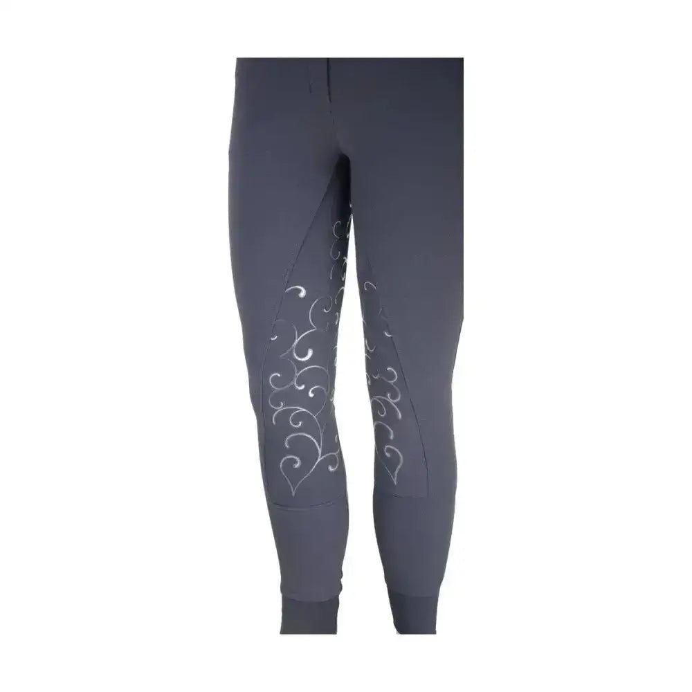 Dark gray equestrian chester ladies leggings with silver swirl and heart embroidery on the outer thigh breeches dazzle