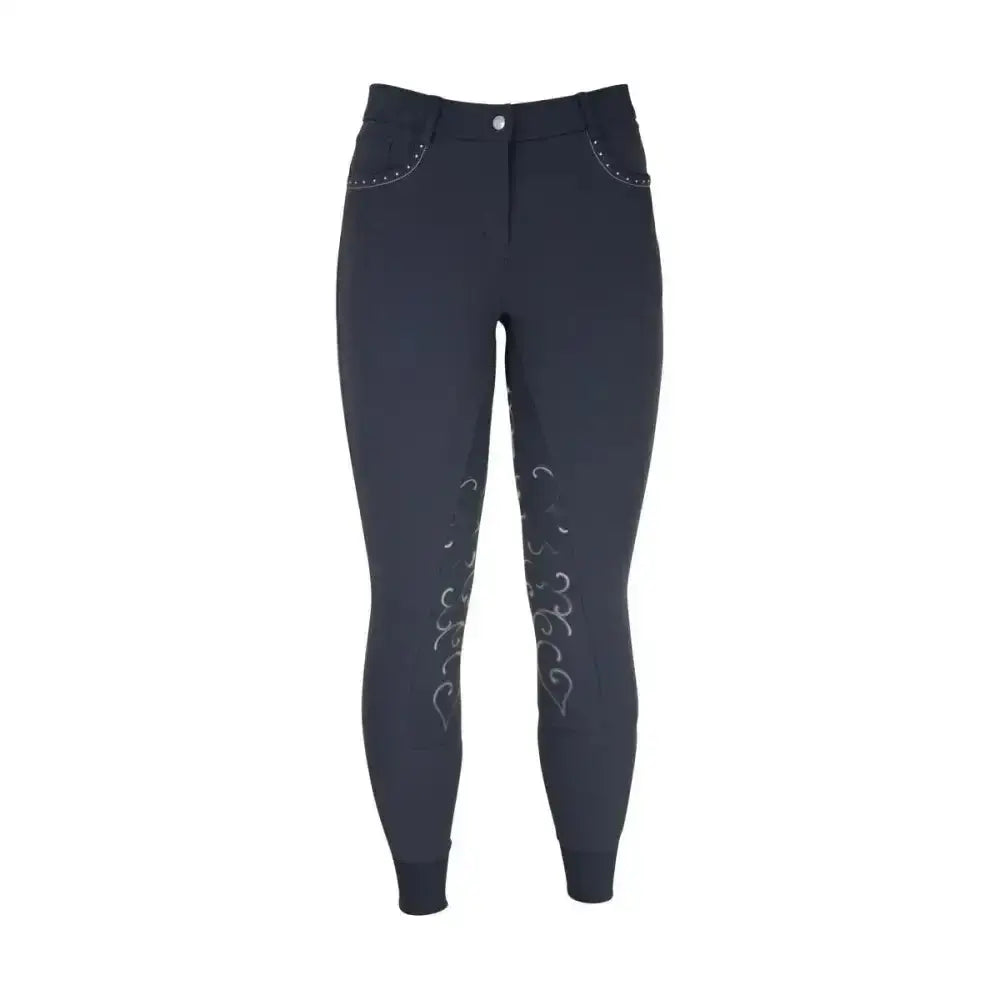 Black HY Equestrian Chester ladies breeches with silver swirls and studded pockets perfect for breeches dazzle look