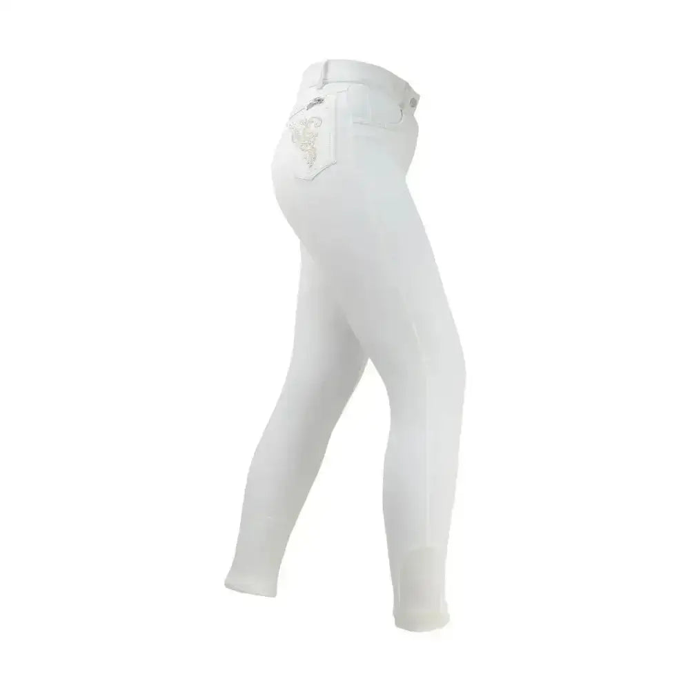 White HY equestrian chester ladies breeches with sleek form fitting design and subtle stitching details