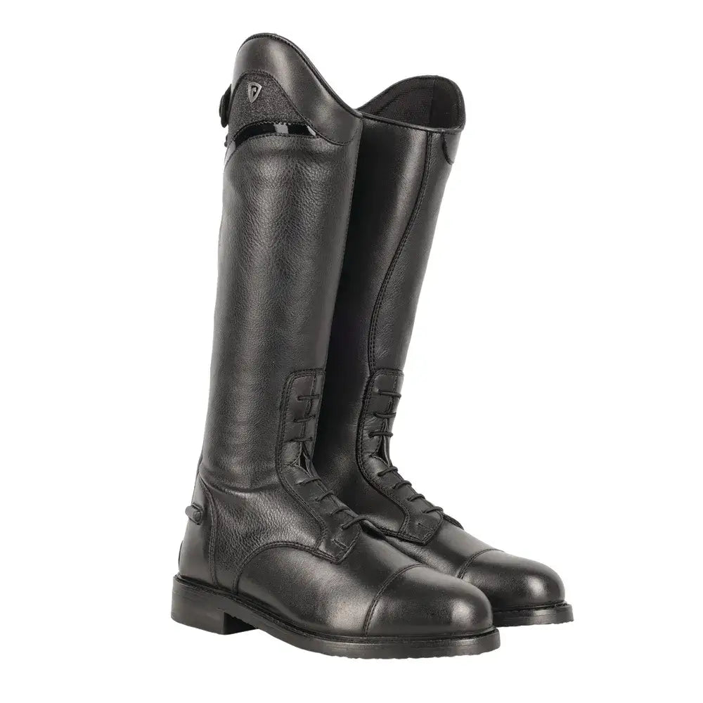 Black leather children’s equestrian atrani riding boot with sleek polished finish and classic lace-up design