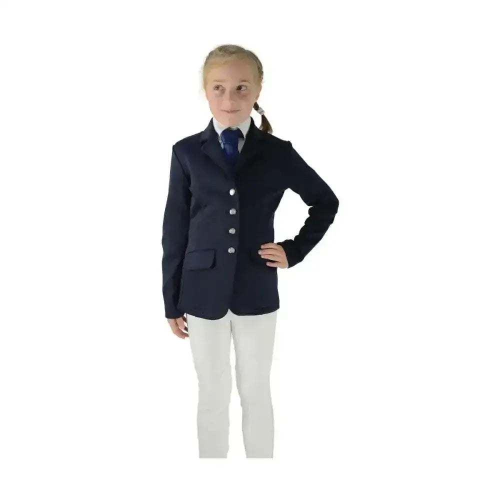Navy blue hy equestrian children’s cotswold competition jacket with silver buttons and flap pockets
