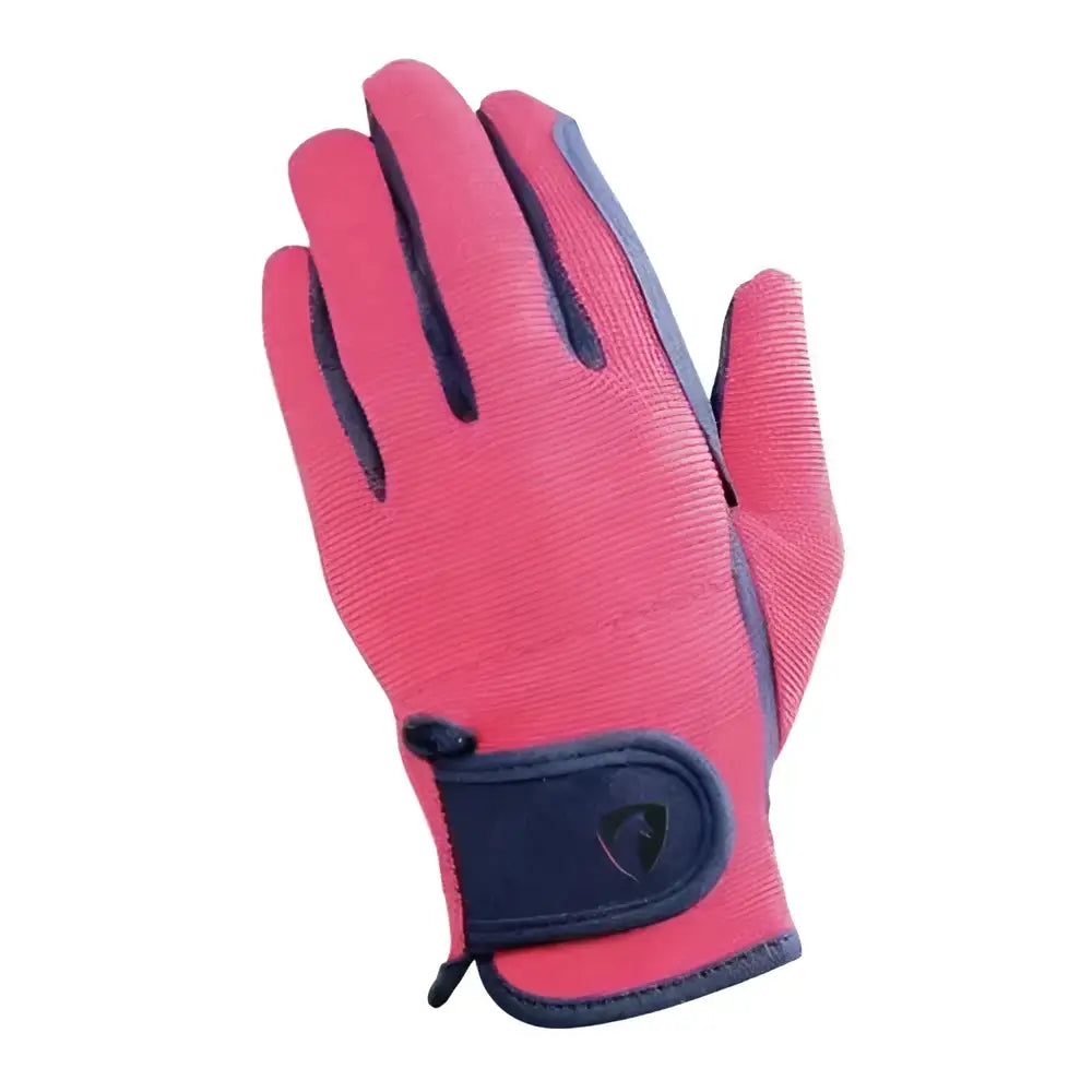 Pink and navy blue hy equestrian children’s two tone riding gloves showing back with velcro wrist strap for everyday use