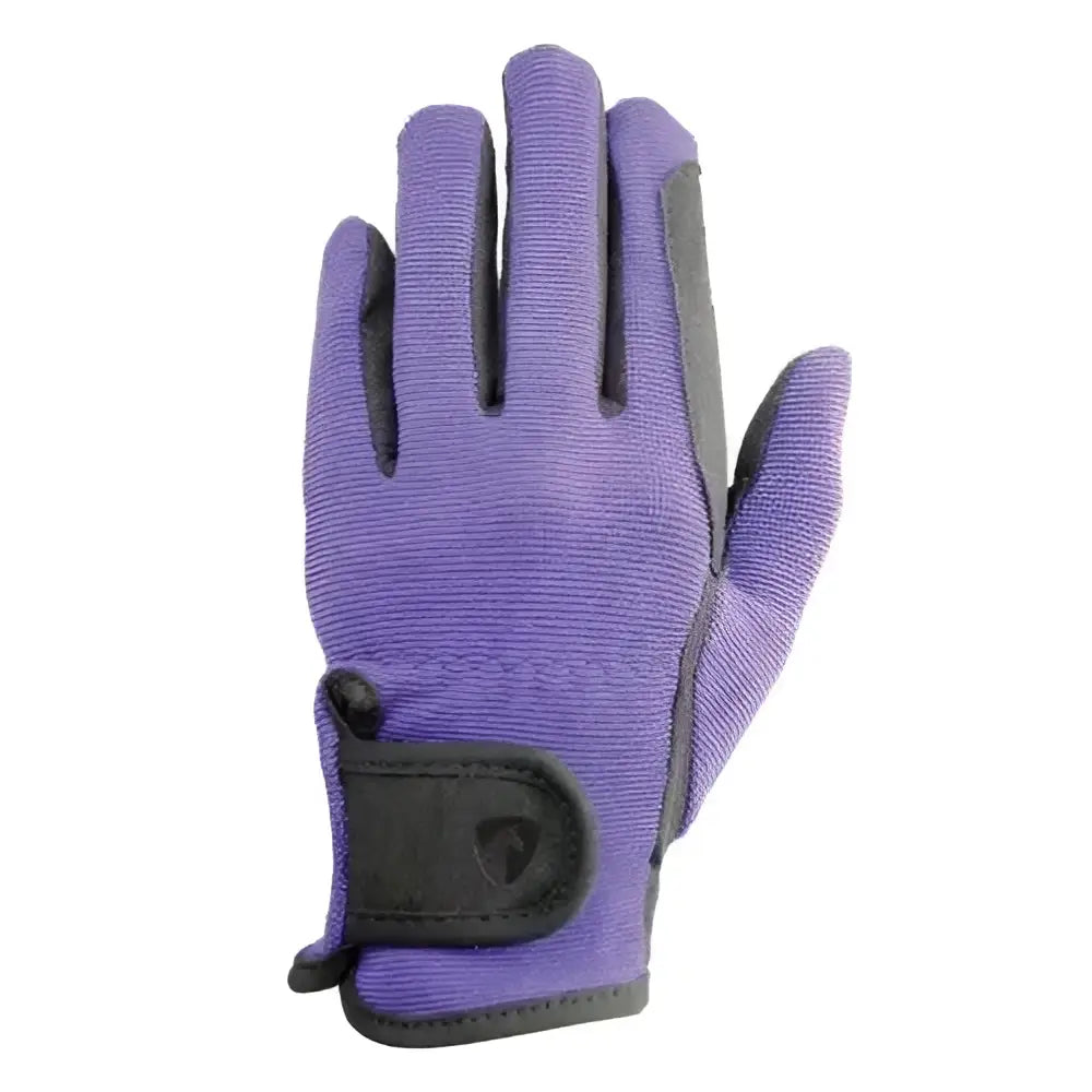 Purple and gray equestrian children’s two tone riding gloves with textured fabric and black velcro wrist strap closure