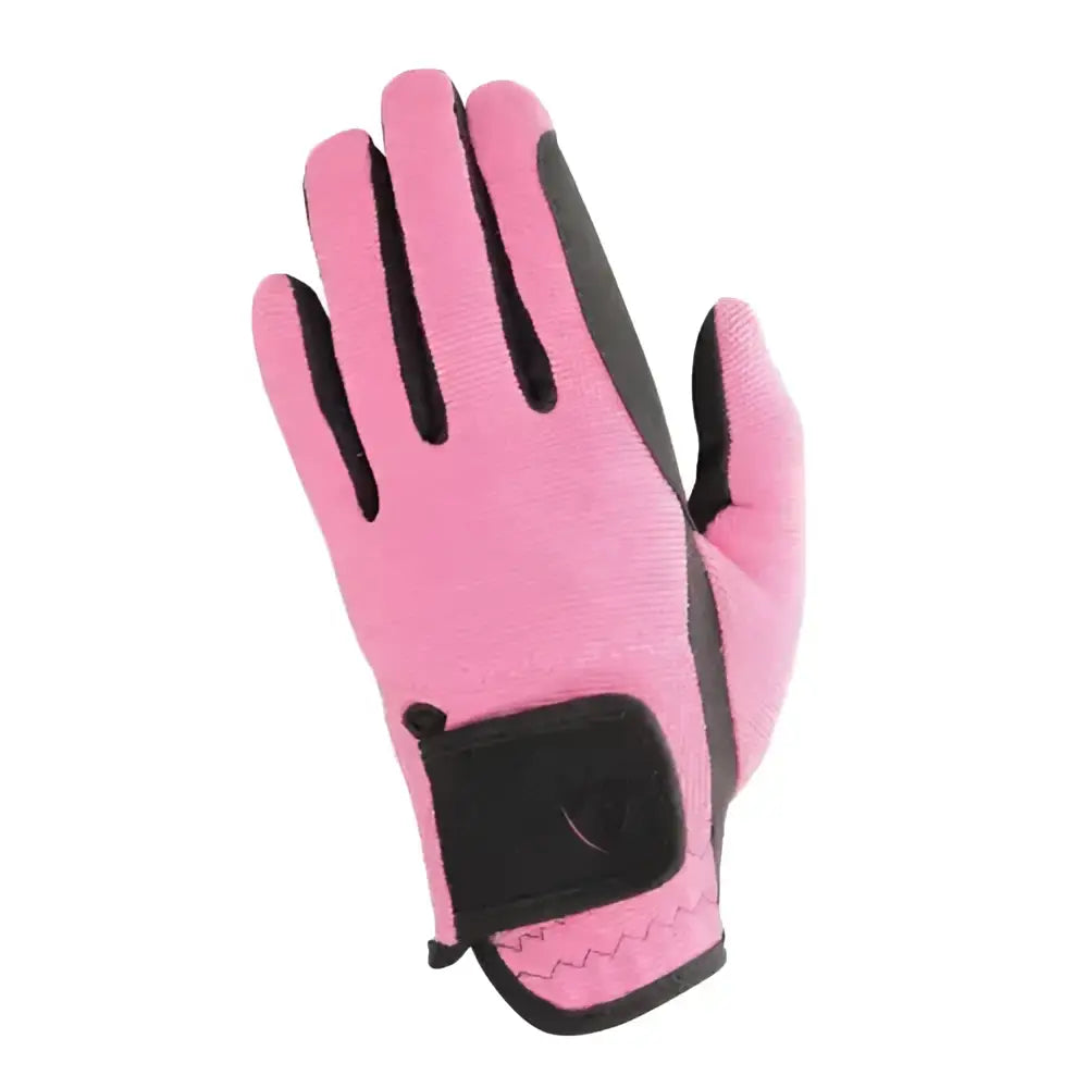 Pink equestrian children’s two tone riding gloves with black accents and velcro strap shown from the back side