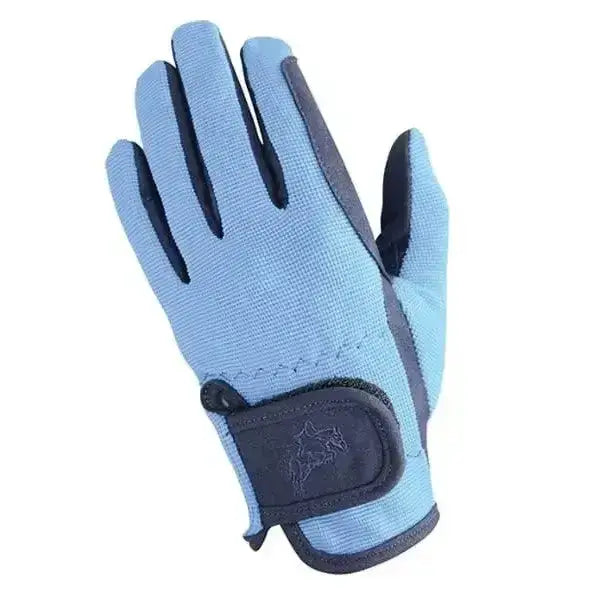 Light blue equestrian children’s two tone riding gloves with black reinforced fingertips and velcro wrist strap back view