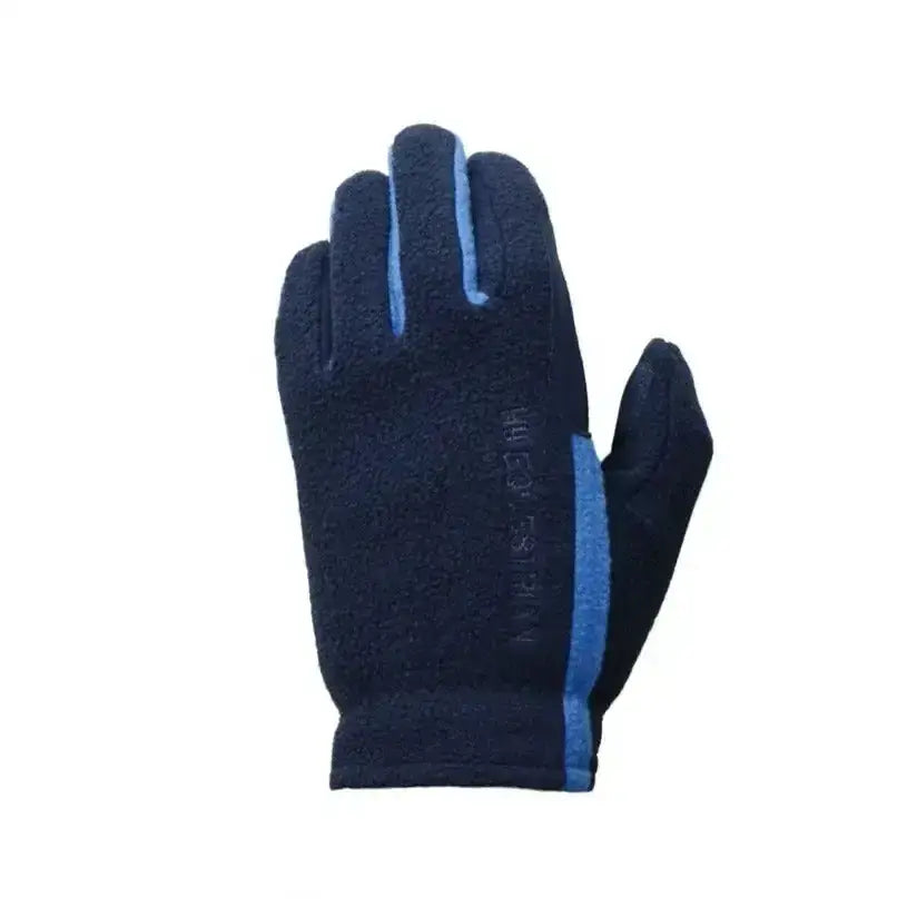 Dark blue fleece riding gloves with light blue stitching and side panel for equestrian children’s fleece use