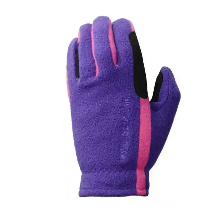 Purple and pink hy equestrian children’s fleece riding gloves with black fingertips and soft textured material