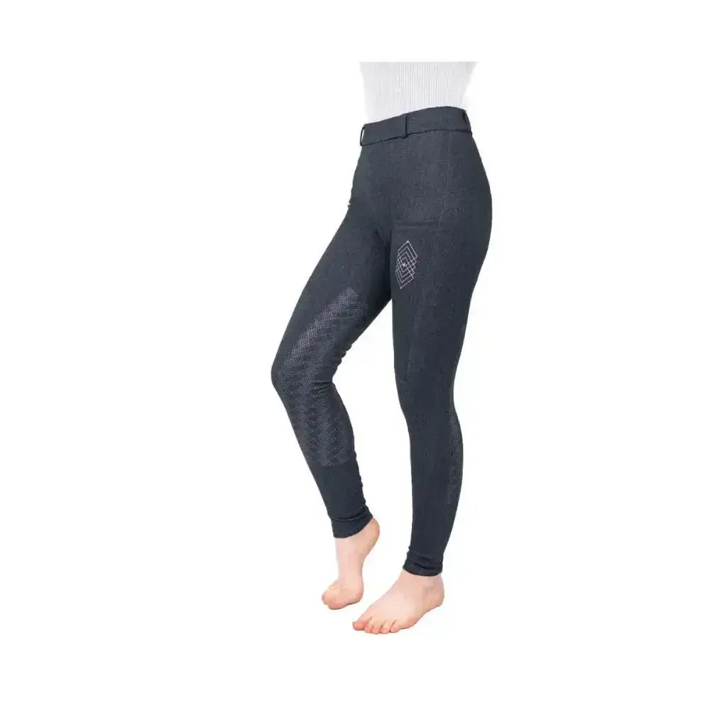 Black equestrian children’s jesmond jewel denim leggings with subtle geometric logo and textured grip panels on thigh