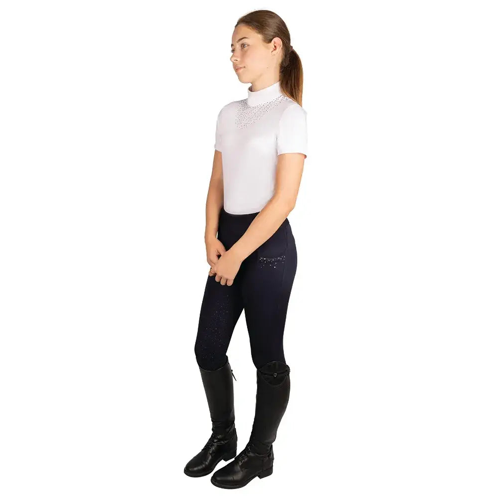 White short-sleeved equestrian top with high neckline and sparkly chest details for children’s roka regal riding