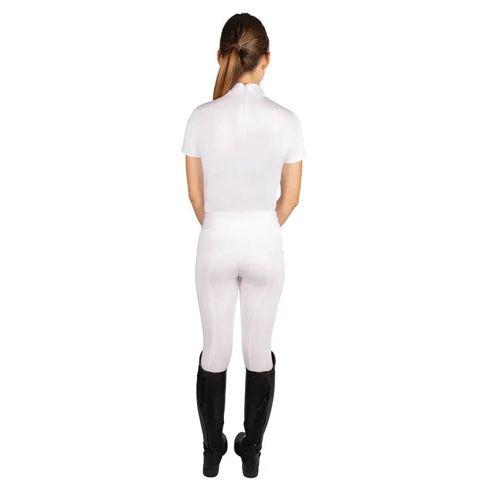 White equestrian children’s roka regal riding tights with stretchy fabric and high collar for comfort and fit
