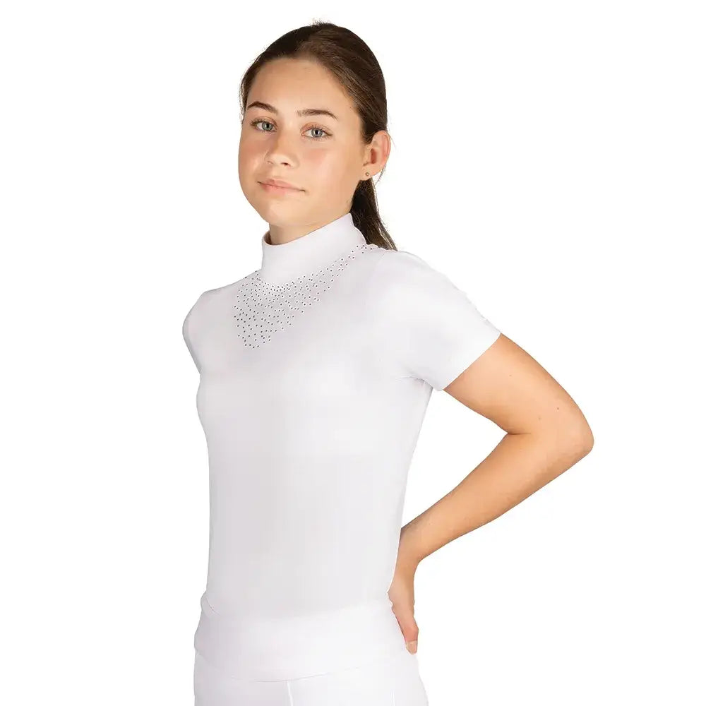 White short-sleeved equestrian children’s roka regal top with high collar and crystal embellishment across neckline