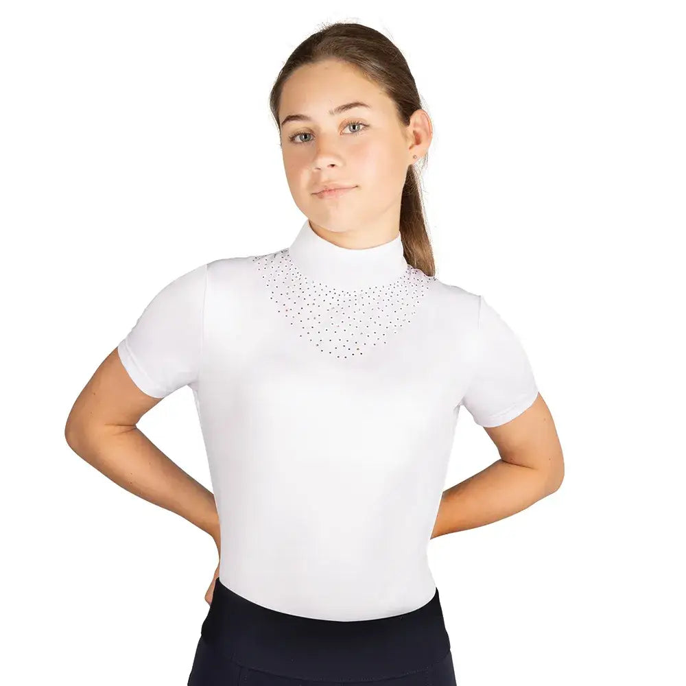 White short-sleeved children’s roka regal show shirt with high collar and black dot details around the neckline