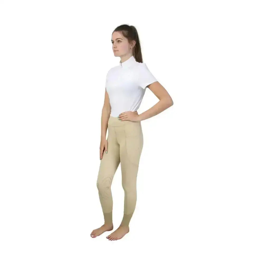 Beige hy equestrian childrens selah competition riding tights with smooth fit and elastic waistband for riding comfort