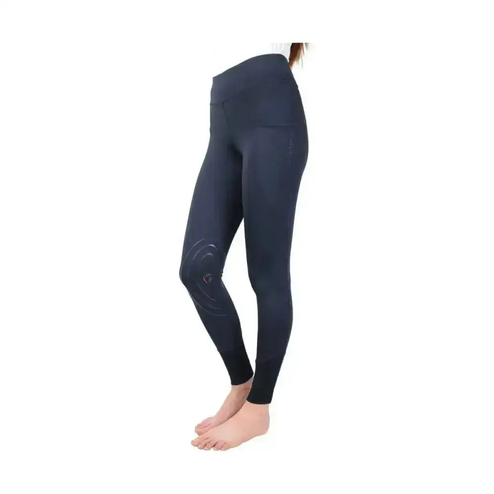 Black high-waisted hy equestrian childrens selah competition riding tights with subtle embossed knee patches