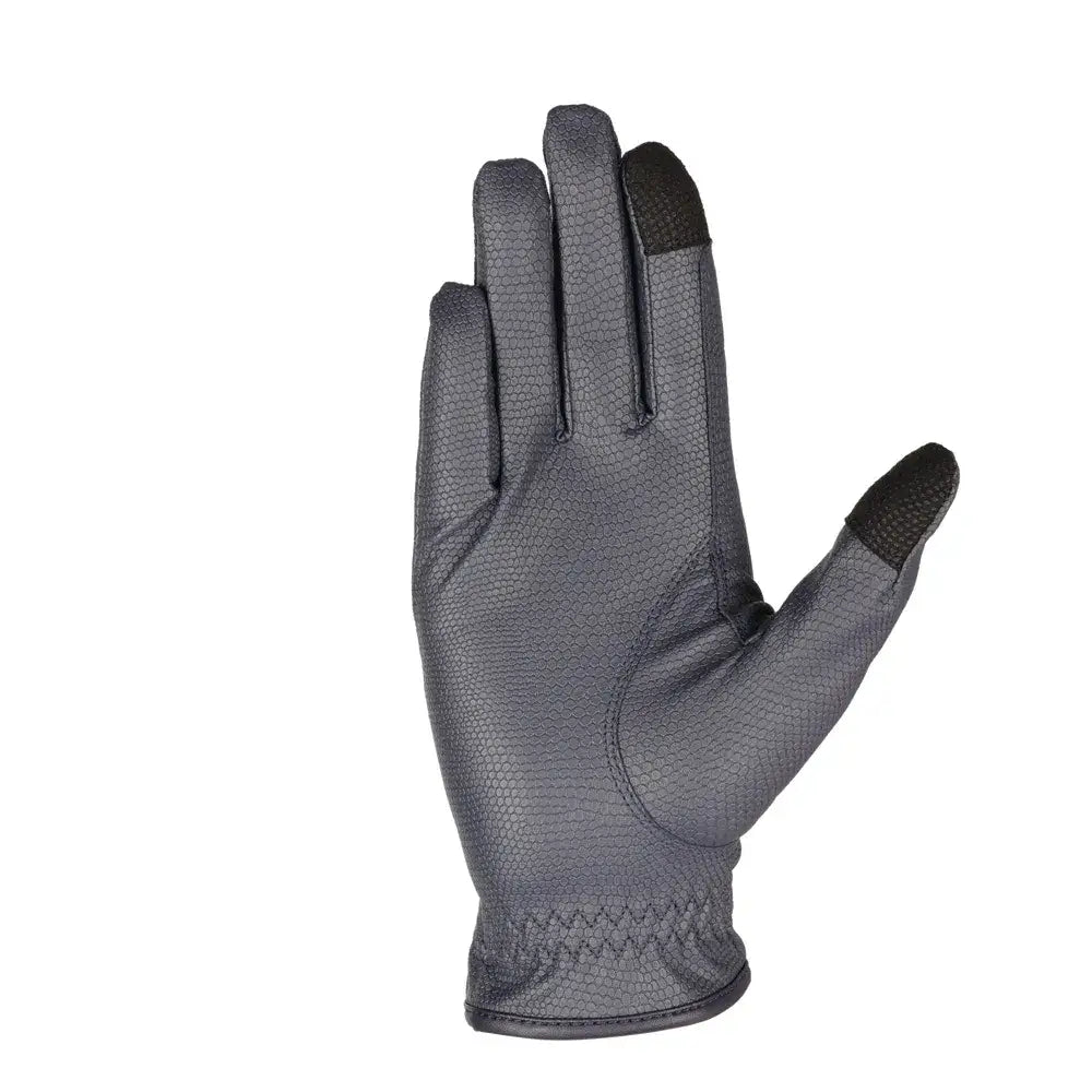 Black equestrian children’s shimmer riding gloves with textured pebbled leather and reinforced touchscreen fingertips