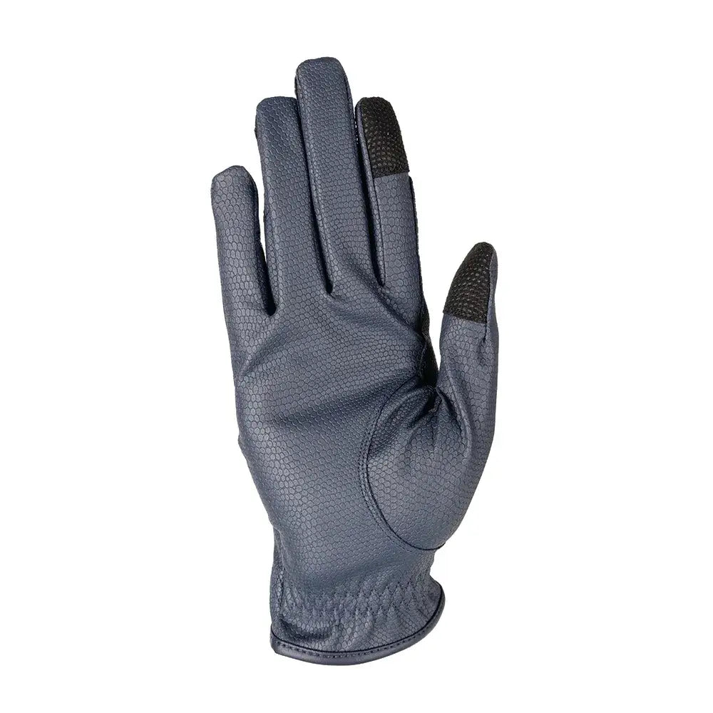 Dark gray shimmer riding gloves with pebbled leather texture and black fingertips for equestrian children’s use
