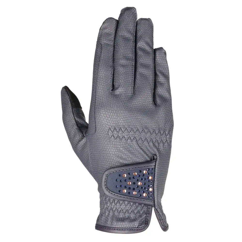Gray textured shimmer riding gloves for equestrian children with metallic stud panel on the wrist back side view