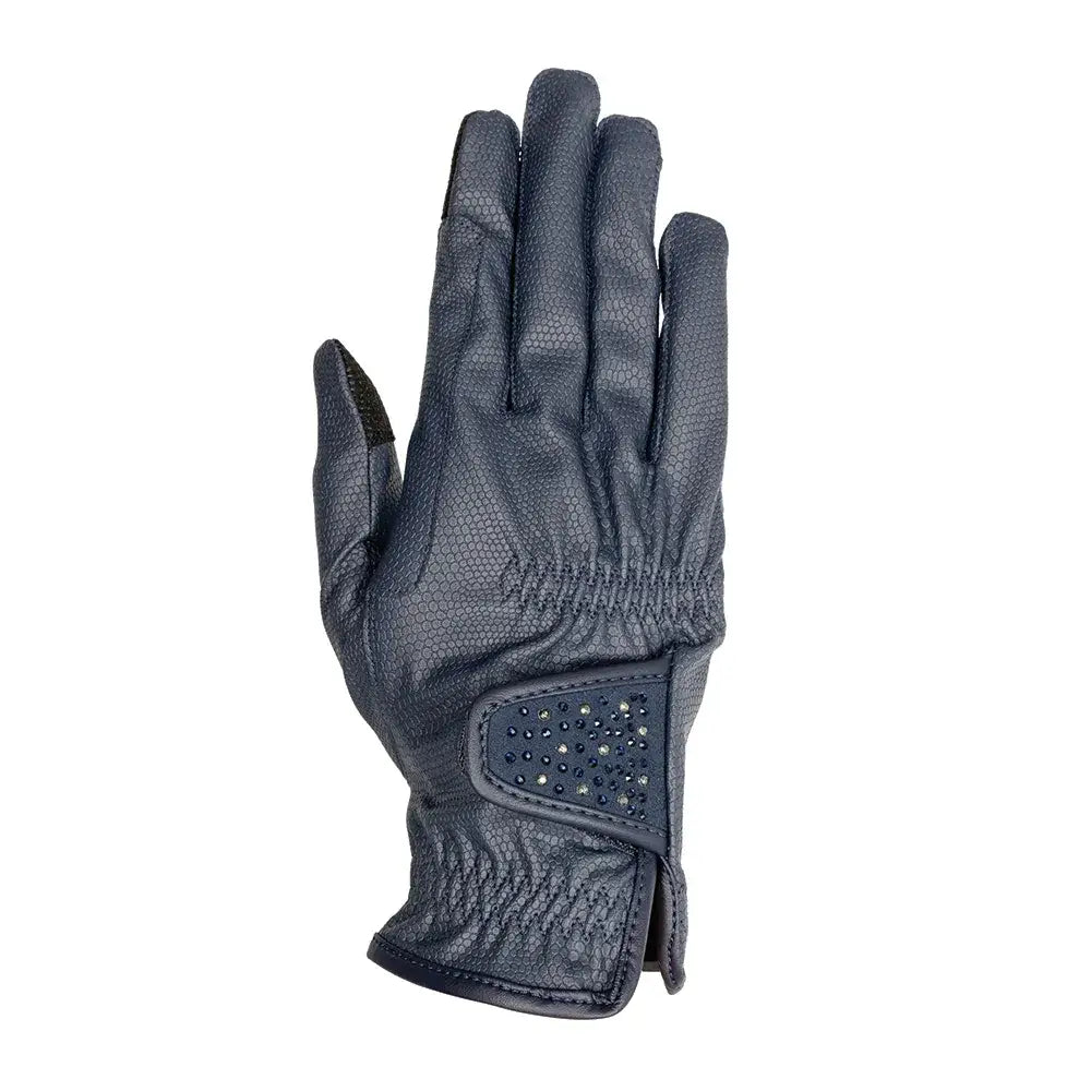 Back of black leather equestrian children’s shimmer riding gloves with textured surface and sparkling wrist panel