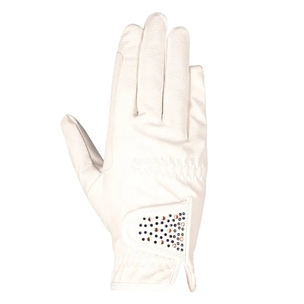 Back of white leather hy equestrian children’s shimmer riding gloves with black and clear rhinestone panel