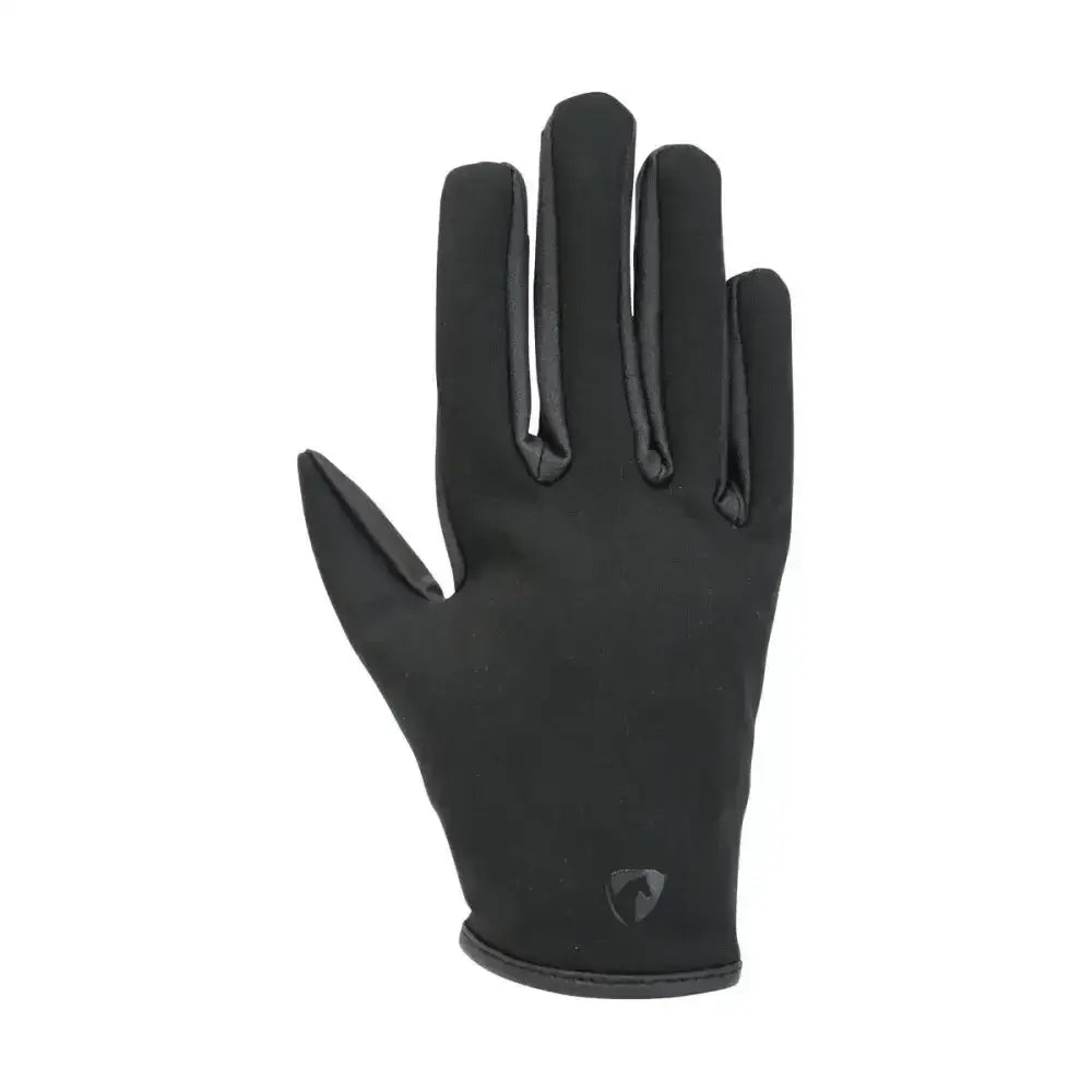 Black touchscreen-compatible equestrian children’s softshell comfort riding gloves with sleek stitching on the back side