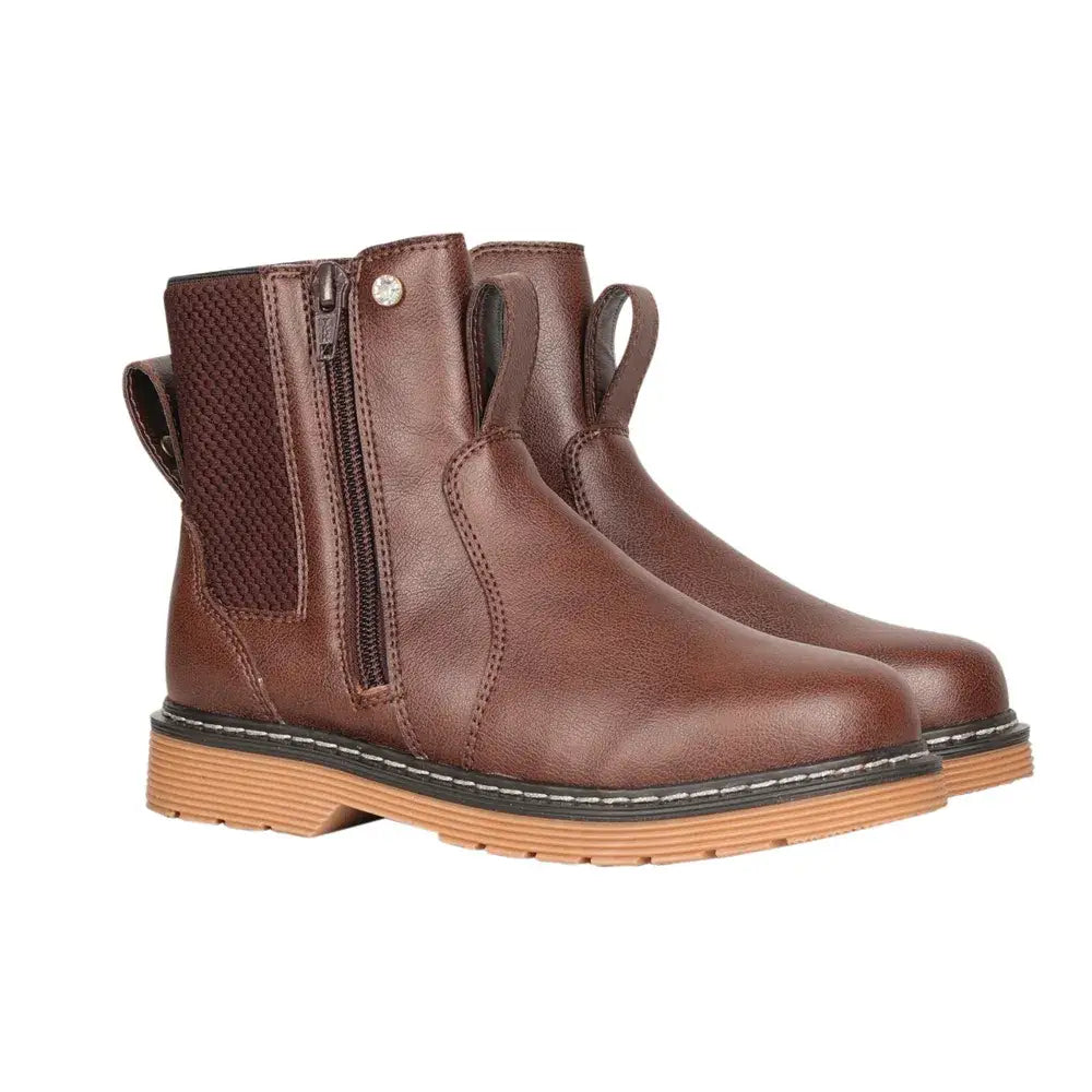 Brown leather staden chelsea boot with side zipper and breathable mesh panels for equestrian children’s use