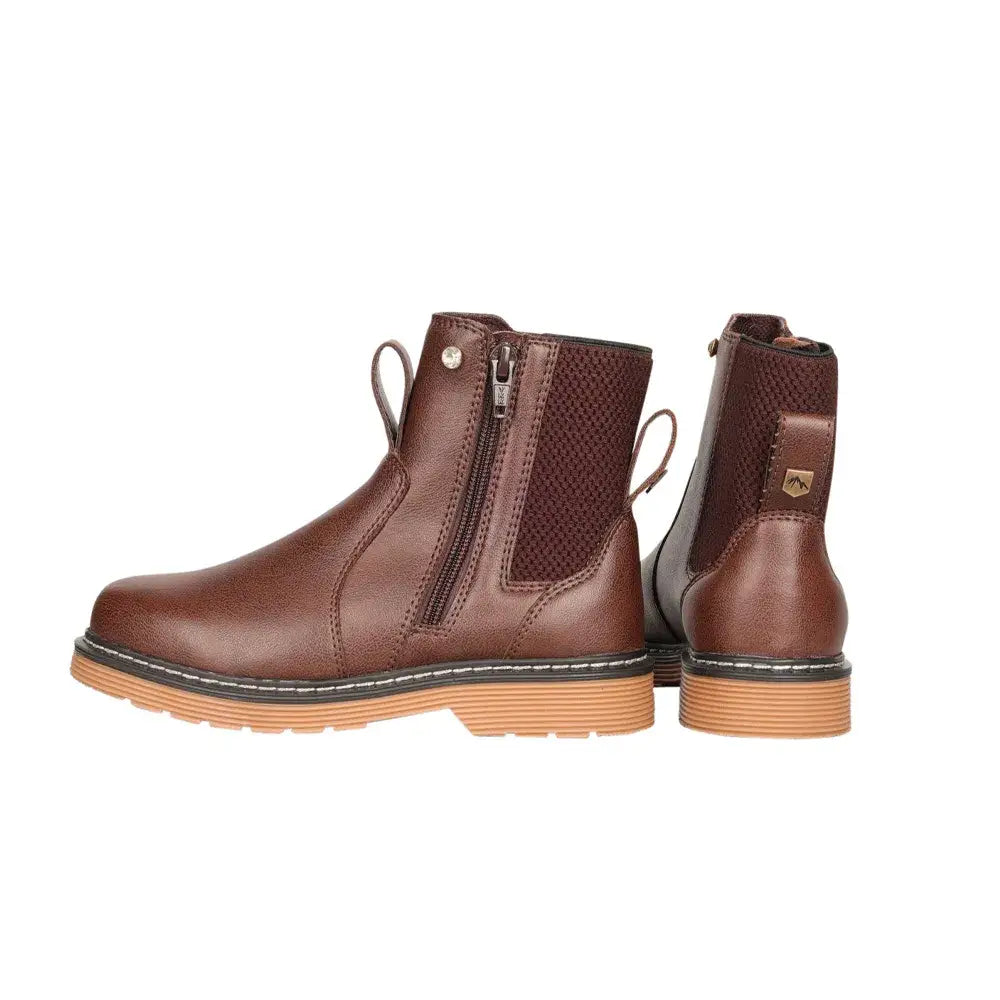 Brown leather hy equestrian children’s staden chelsea boot with side zipper mesh panels and tan rubber sole