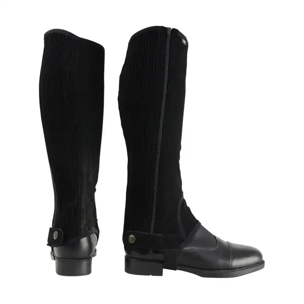 Black suede synthetic nubuck chaps for children with zipper closure and adjustable ankle strap for riding use