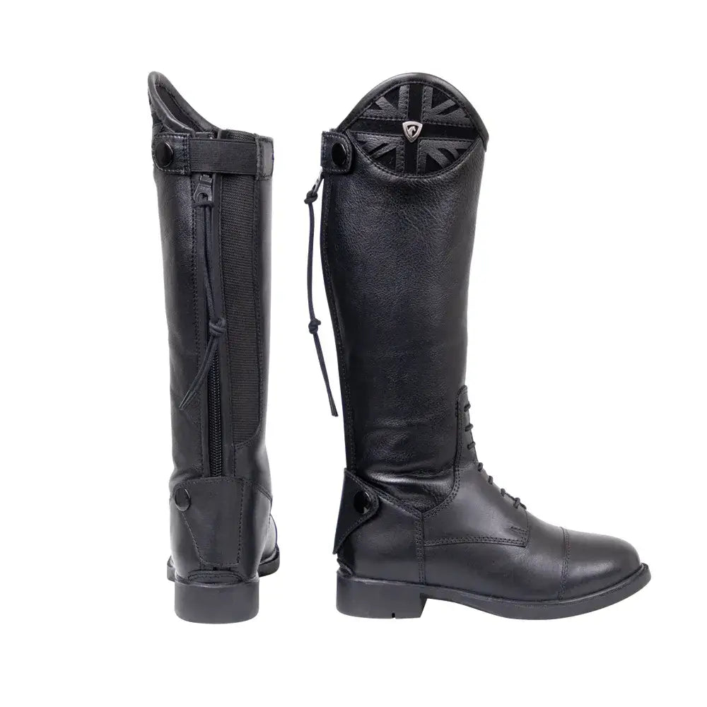 Black leather equestrian childrens riding boots showing the back with union jack emblem on the upper