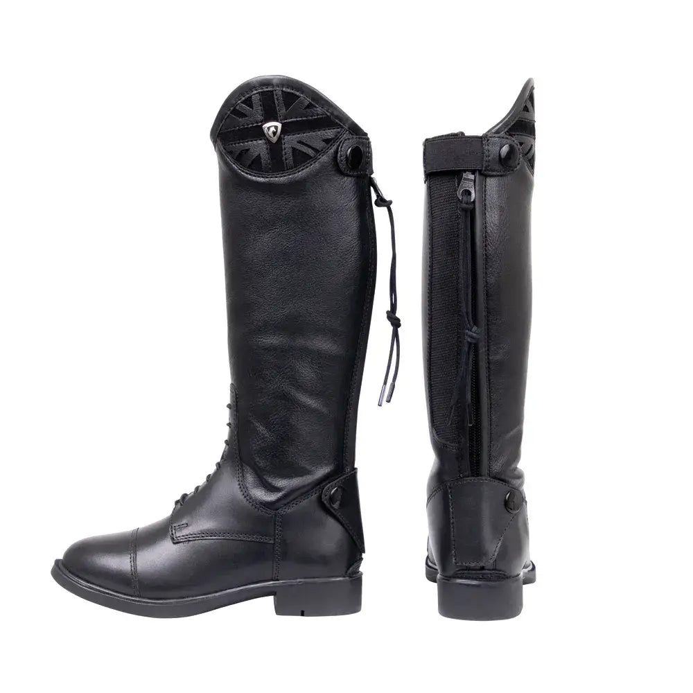 Black leather equestrian childrens union jack riding boots with decorative shield emblem and back zipper closure