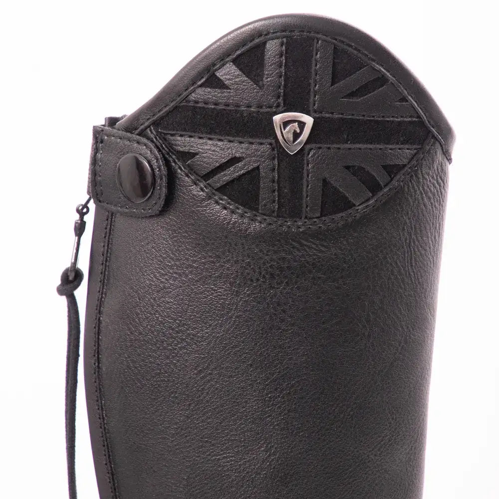 Black leather equestrian childrens boot with union jack panel and silver shield perfect union jack riding boots for kids
