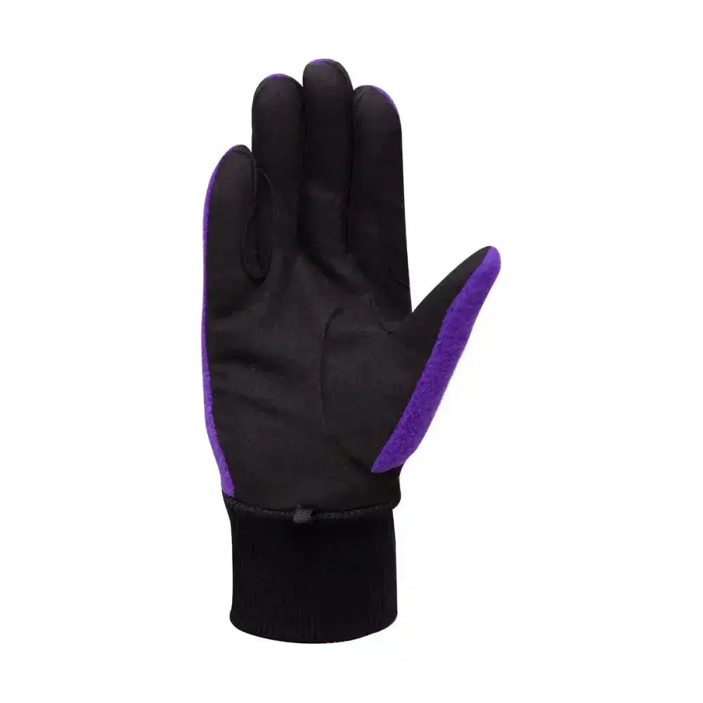 Black and purple insulated two tone riding gloves with fleece-lined wrist cuff for equestrian children’s winter use