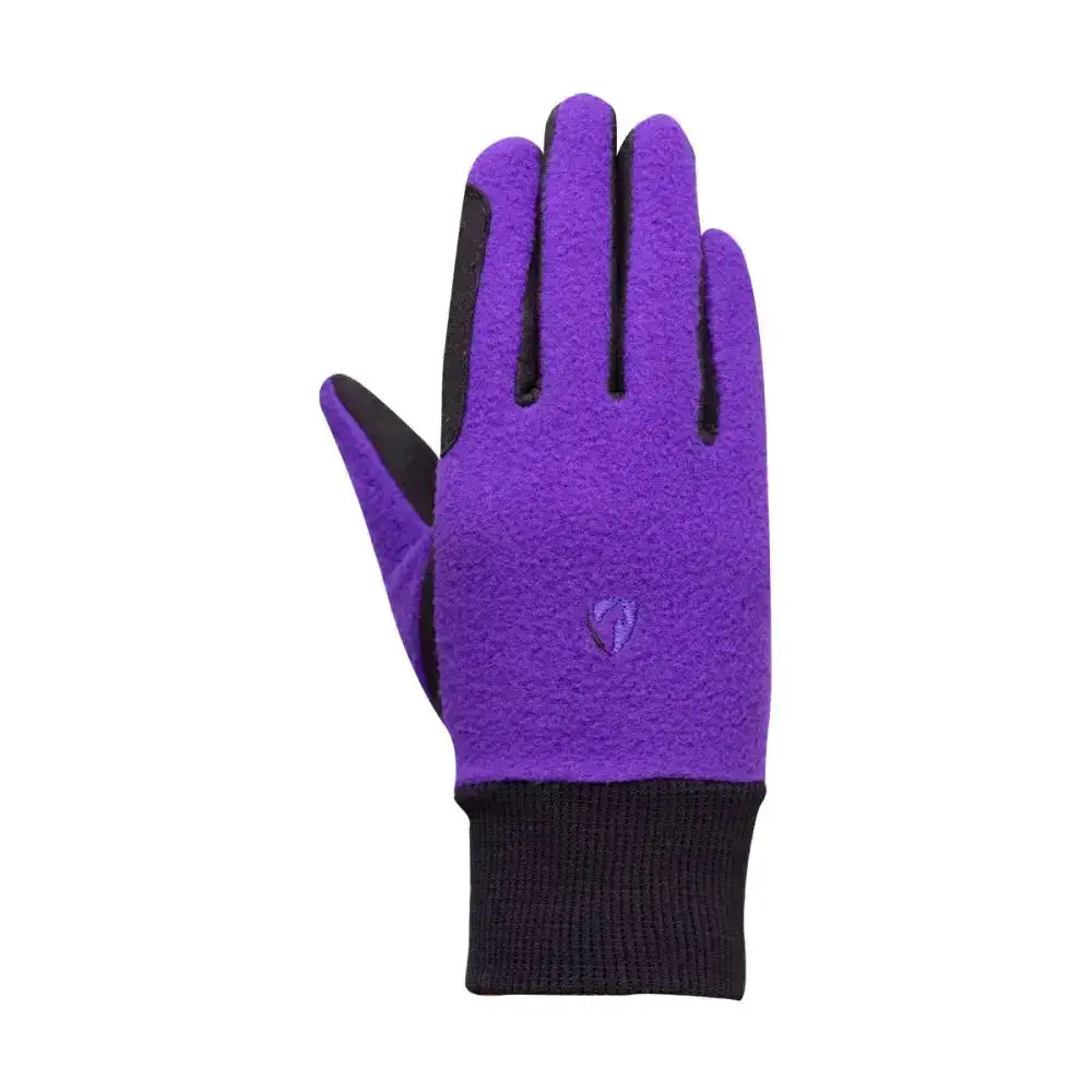 Back view of hy equestrian children’s winter two tone riding gloves with purple textured fabric and black grip fingertips