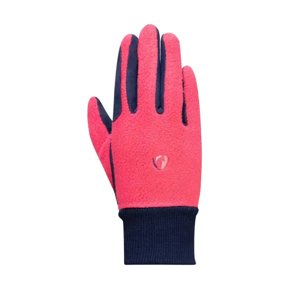 A vibrant pink and navy blue two tone riding glove with textured fleece palm for equestrian children’s winter use
